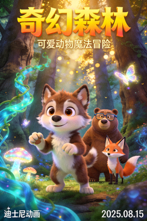 动画电影《奇幻森林》海报 - 展示可爱动物在魔法森林中冒险